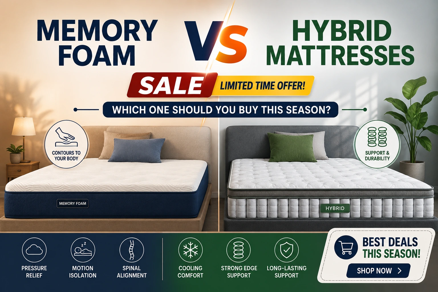 make a table comparing memory foam vs hybrid mattresses sale